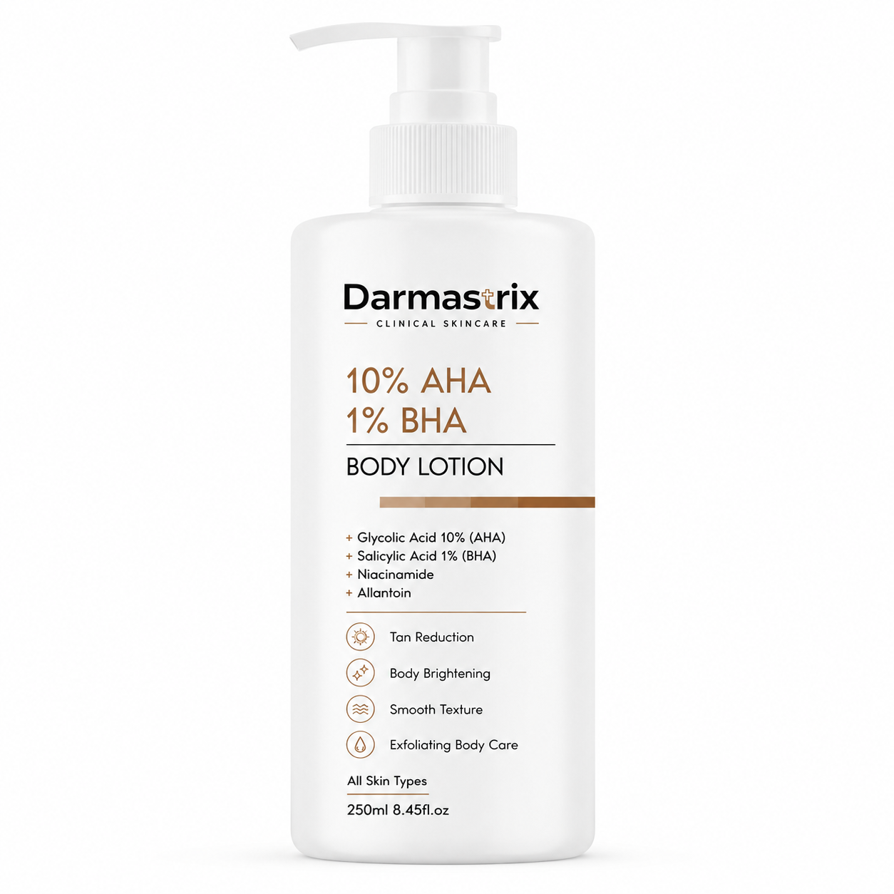 Darmastrix 10% AHA + 1% BHA Body Lotion | Glycolic Acid, Salicylic Acid, Niacinamide & Allantoin | Tan Removal & Body Brightening | 250ml