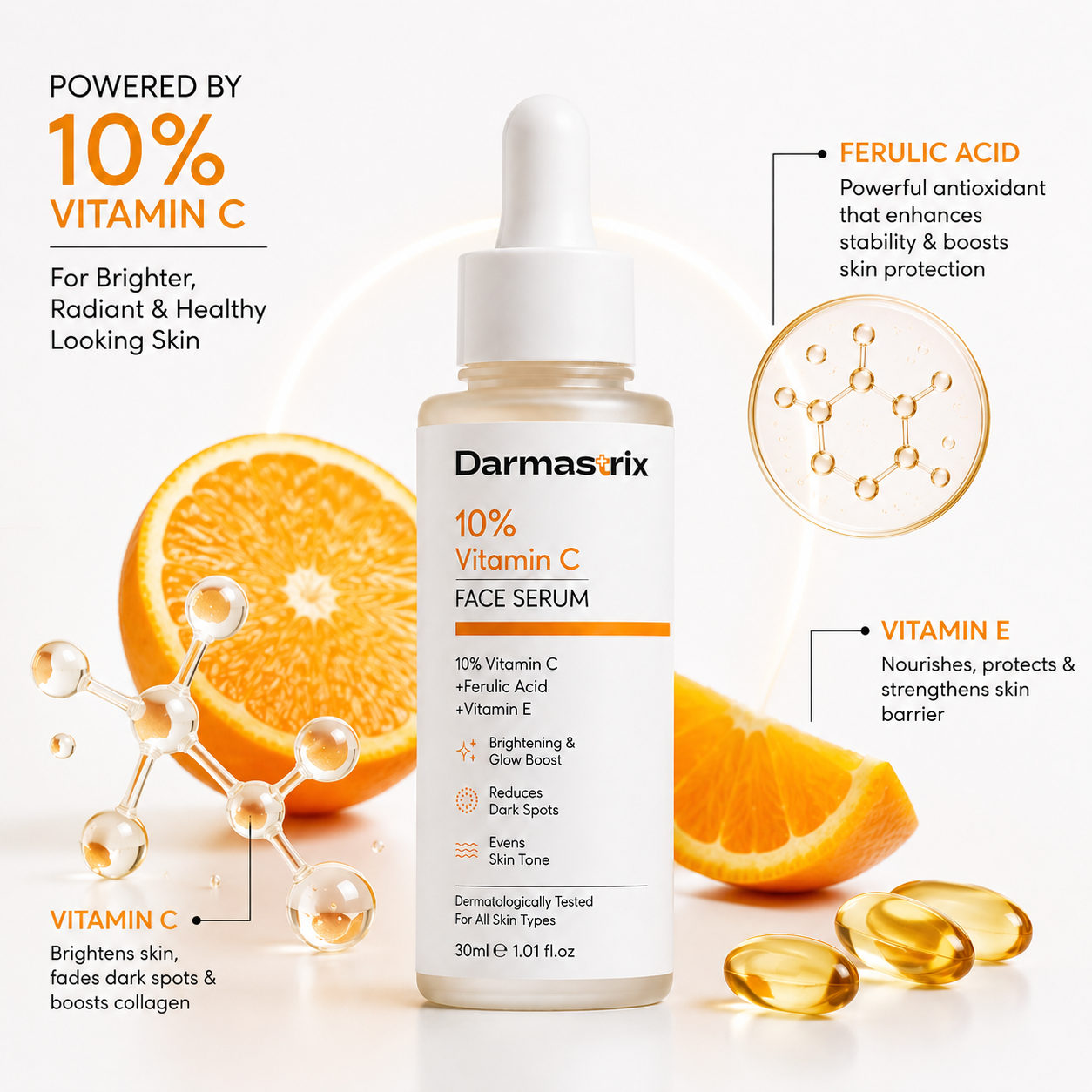 Darmastrix 10% Vitamin C Face Serum | Brightening & Glow Boost Serum with Ferulic Acid & Vitamin E | Reduces Dark Spots & Evens Skin Tone (30ml)