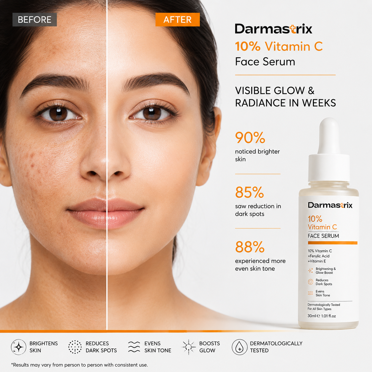 Darmastrix 10% Vitamin C Face Serum | Brightening & Glow Boost Serum with Ferulic Acid & Vitamin E | Reduces Dark Spots & Evens Skin Tone (30ml)