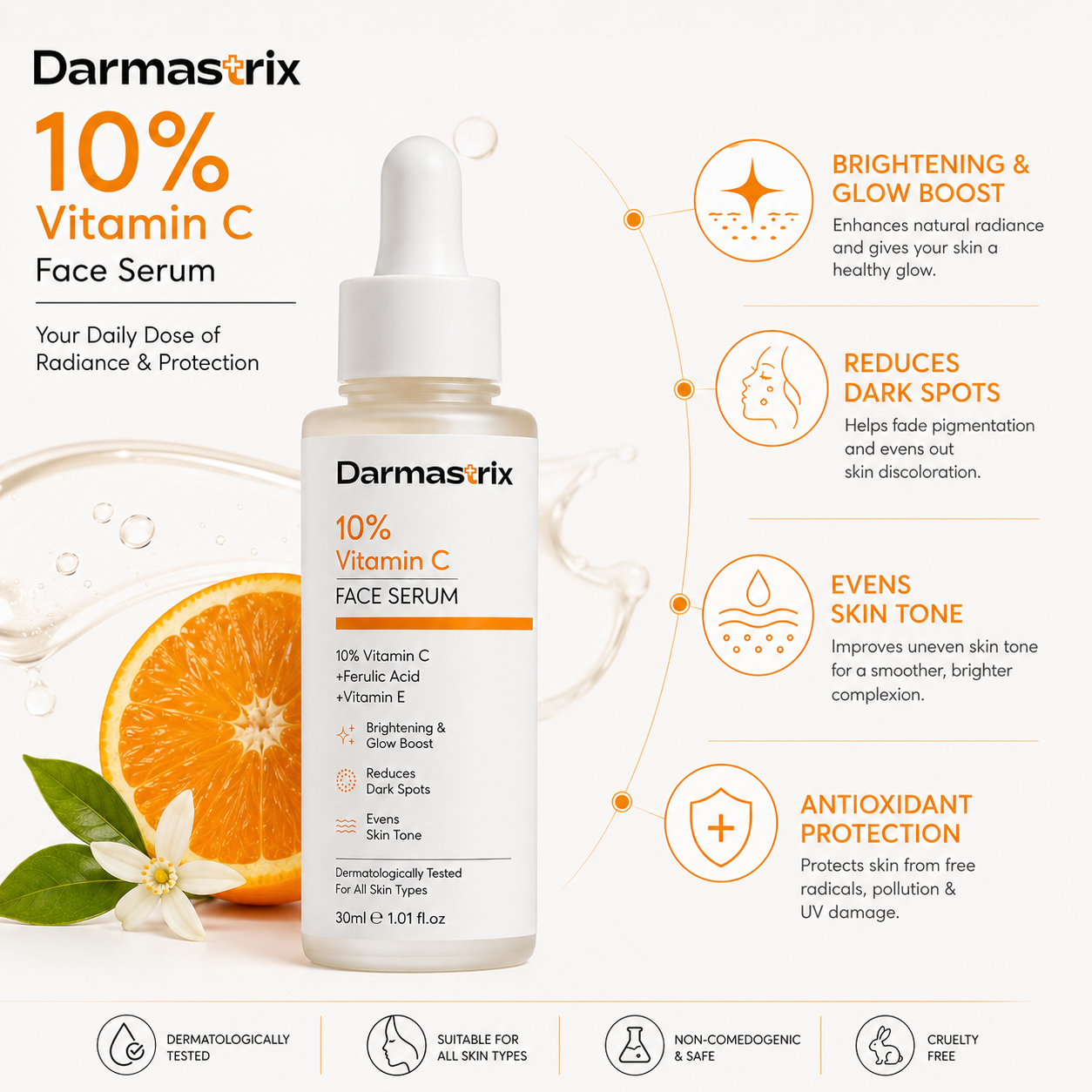Darmastrix 10% Vitamin C Face Serum | Brightening & Glow Boost Serum with Ferulic Acid & Vitamin E | Reduces Dark Spots & Evens Skin Tone (30ml)
