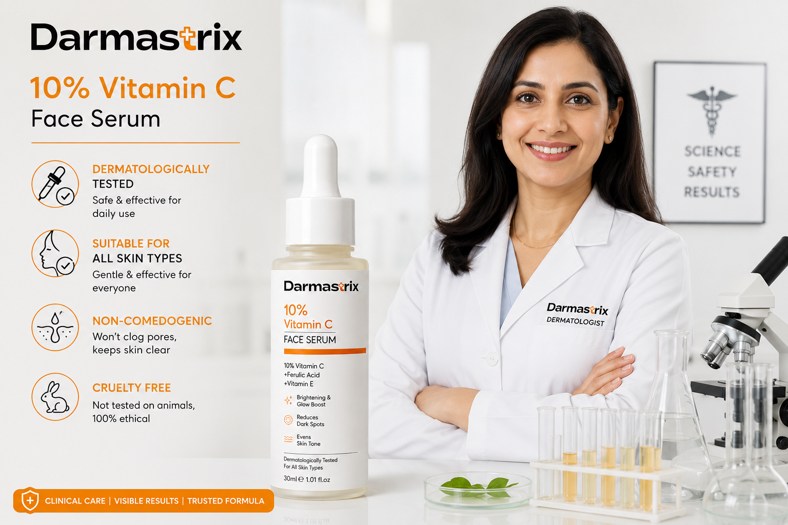 Darmastrix 10% Vitamin C Face Serum | Brightening & Glow Boost Serum with Ferulic Acid & Vitamin E | Reduces Dark Spots & Evens Skin Tone (30ml)