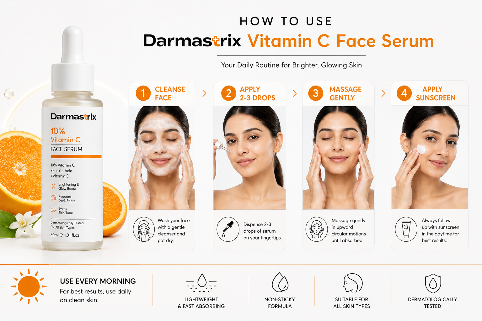 Darmastrix 10% Vitamin C Face Serum | Brightening & Glow Boost Serum with Ferulic Acid & Vitamin E | Reduces Dark Spots & Evens Skin Tone (30ml)