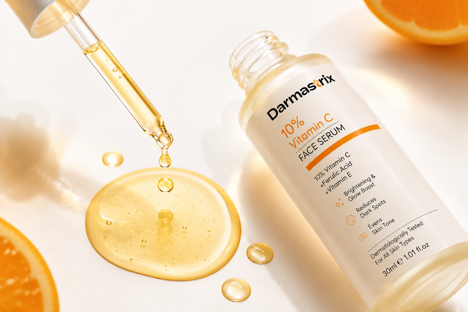 Darmastrix 10% Vitamin C Face Serum | Brightening & Glow Boost Serum with Ferulic Acid & Vitamin E | Reduces Dark Spots & Evens Skin Tone (30ml)