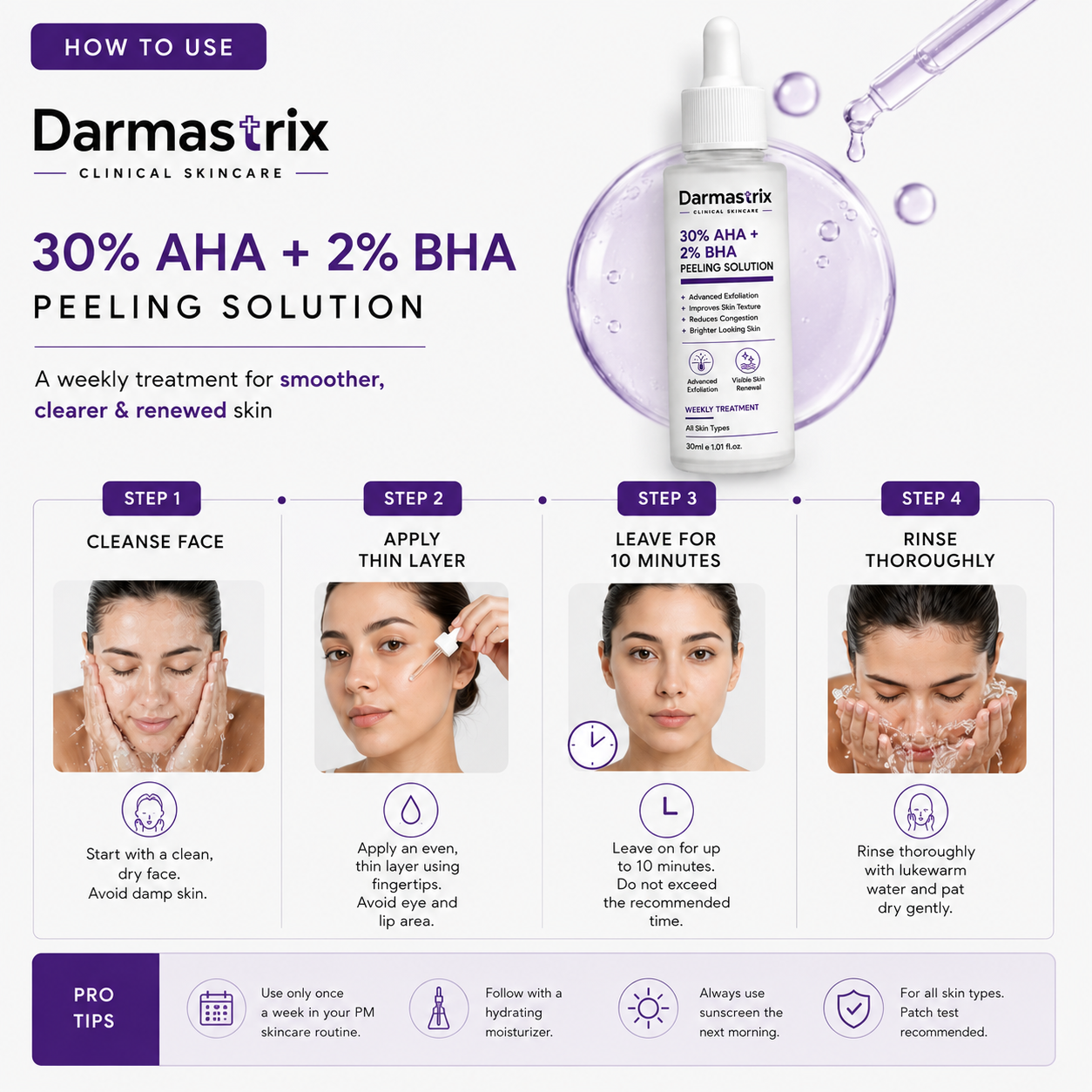 Darmastrix 30% AHA + 2% BHA Peeling Solution | Advanced Weekly Exfoliating Treatment | Improves Skin Texture, Reduces Congestion & Reveals Brighter Skin (30ml)