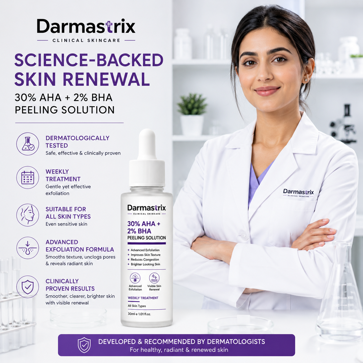 Darmastrix 30% AHA + 2% BHA Peeling Solution | Advanced Weekly Exfoliating Treatment | Improves Skin Texture, Reduces Congestion & Reveals Brighter Skin (30ml)