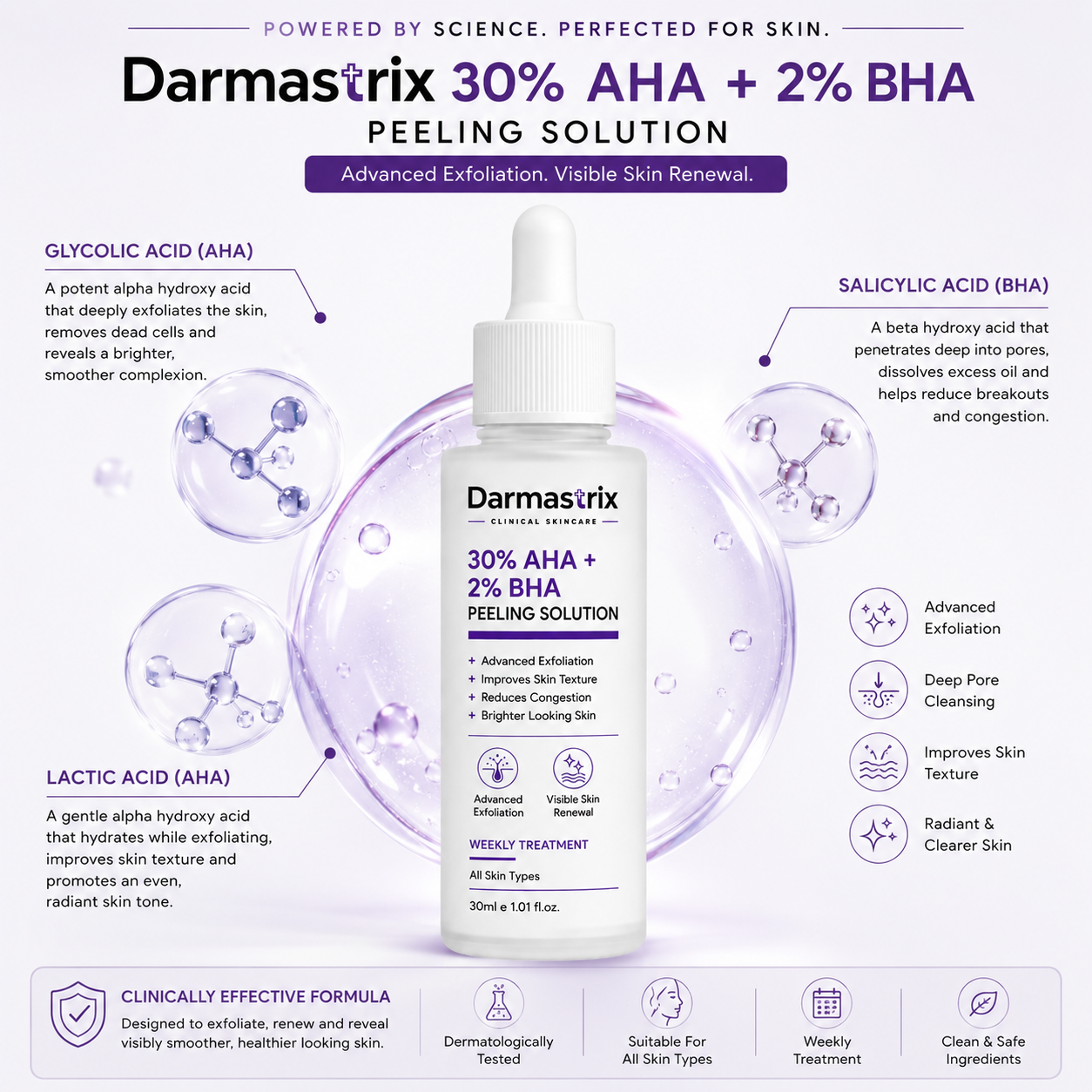 Darmastrix 30% AHA + 2% BHA Peeling Solution | Advanced Weekly Exfoliating Treatment | Improves Skin Texture, Reduces Congestion & Reveals Brighter Skin (30ml)