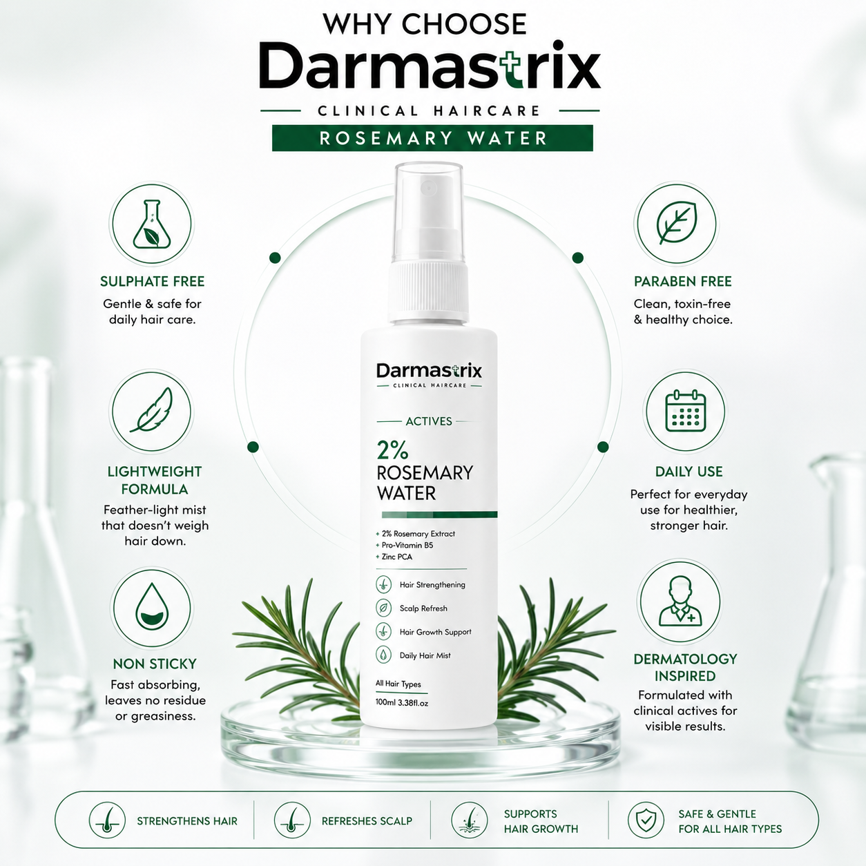 Darmastrix 2% Rosemary Water Hair Mist | Hair Growth & Scalp Refresh Spray with Pro-Vitamin B5 & Zinc PCA | 100ml