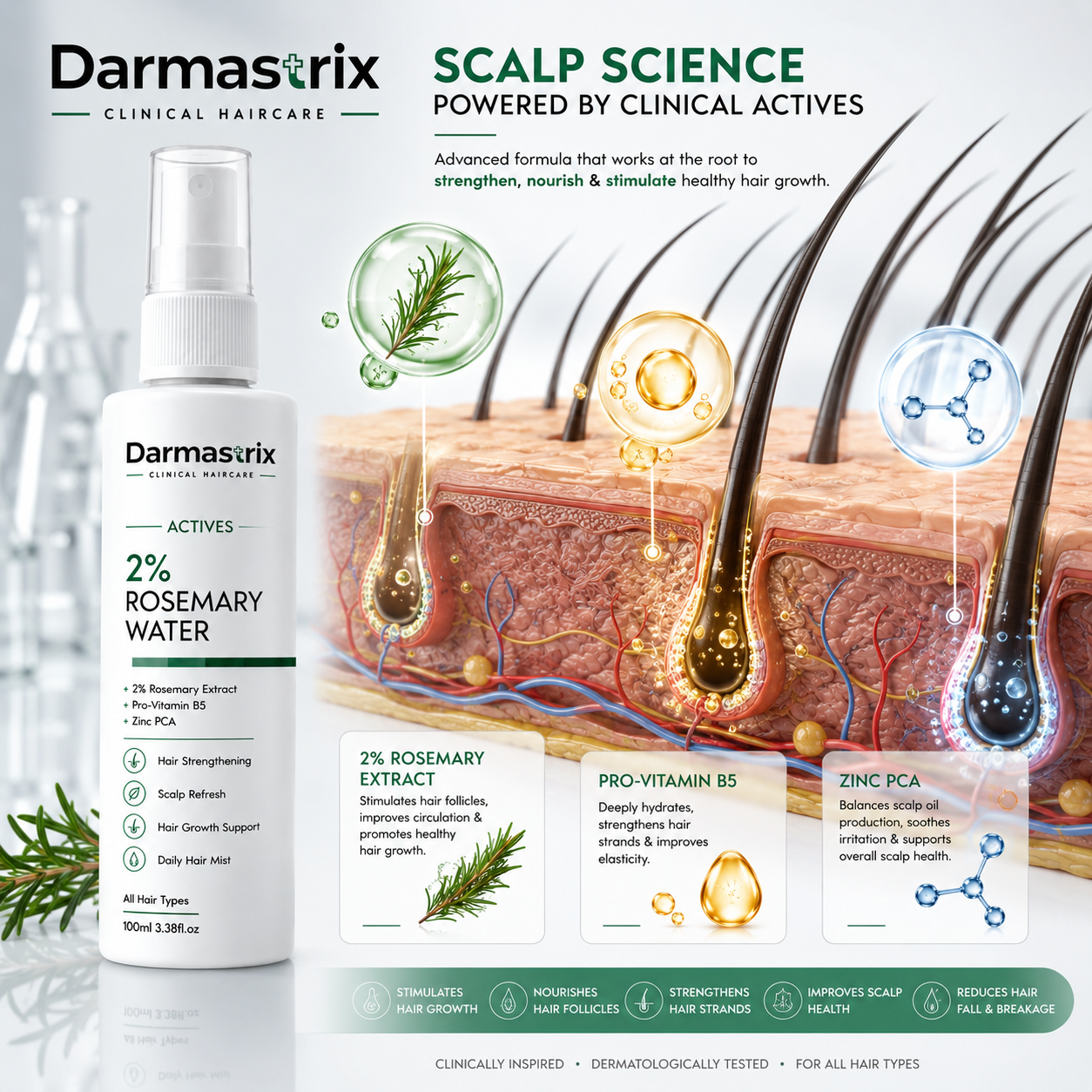 Darmastrix 2% Rosemary Water Hair Mist | Hair Growth & Scalp Refresh Spray with Pro-Vitamin B5 & Zinc PCA | 100ml