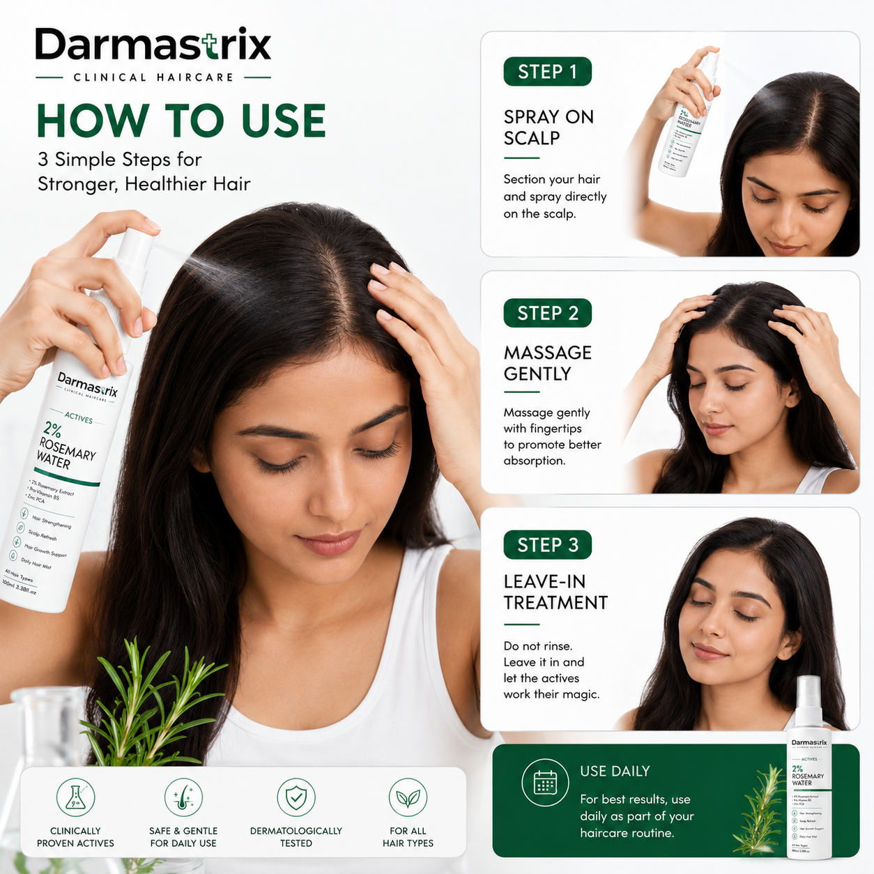 Darmastrix 2% Rosemary Water Hair Mist | Hair Growth & Scalp Refresh Spray with Pro-Vitamin B5 & Zinc PCA | 100ml