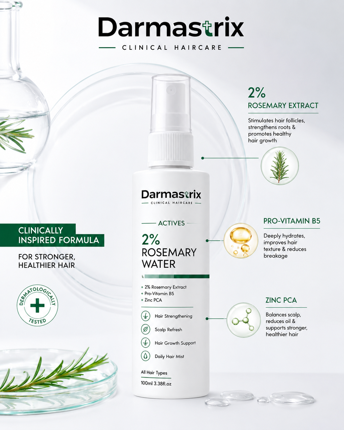Darmastrix 2% Rosemary Water Hair Mist | Hair Growth & Scalp Refresh Spray with Pro-Vitamin B5 & Zinc PCA | 100ml