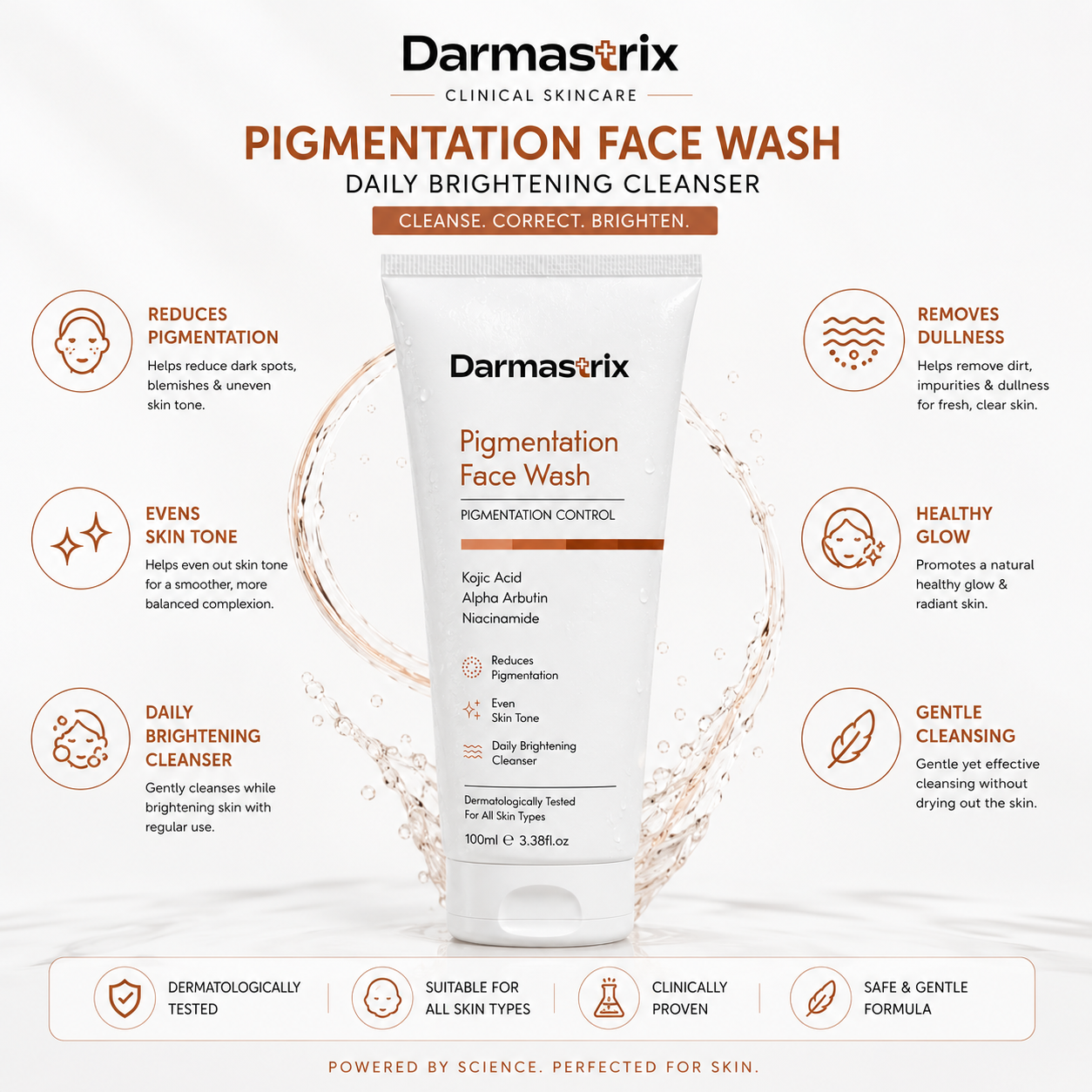 Darmastrix Pigmentation Control Face Wash | Kojic Acid, Alpha Arbutin & Niacinamide Brightening Cleanser | Reduces Dark Spots & Evens Skin Tone (100ml)