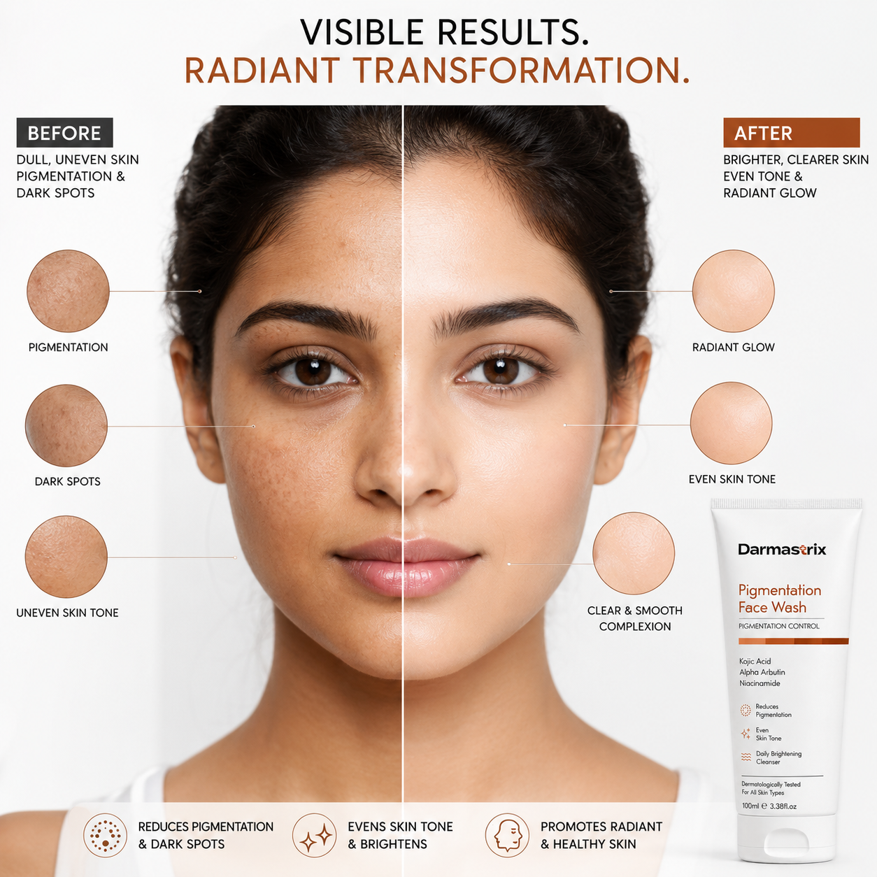 Darmastrix Pigmentation Control Face Wash | Kojic Acid, Alpha Arbutin & Niacinamide Brightening Cleanser | Reduces Dark Spots & Evens Skin Tone (100ml)