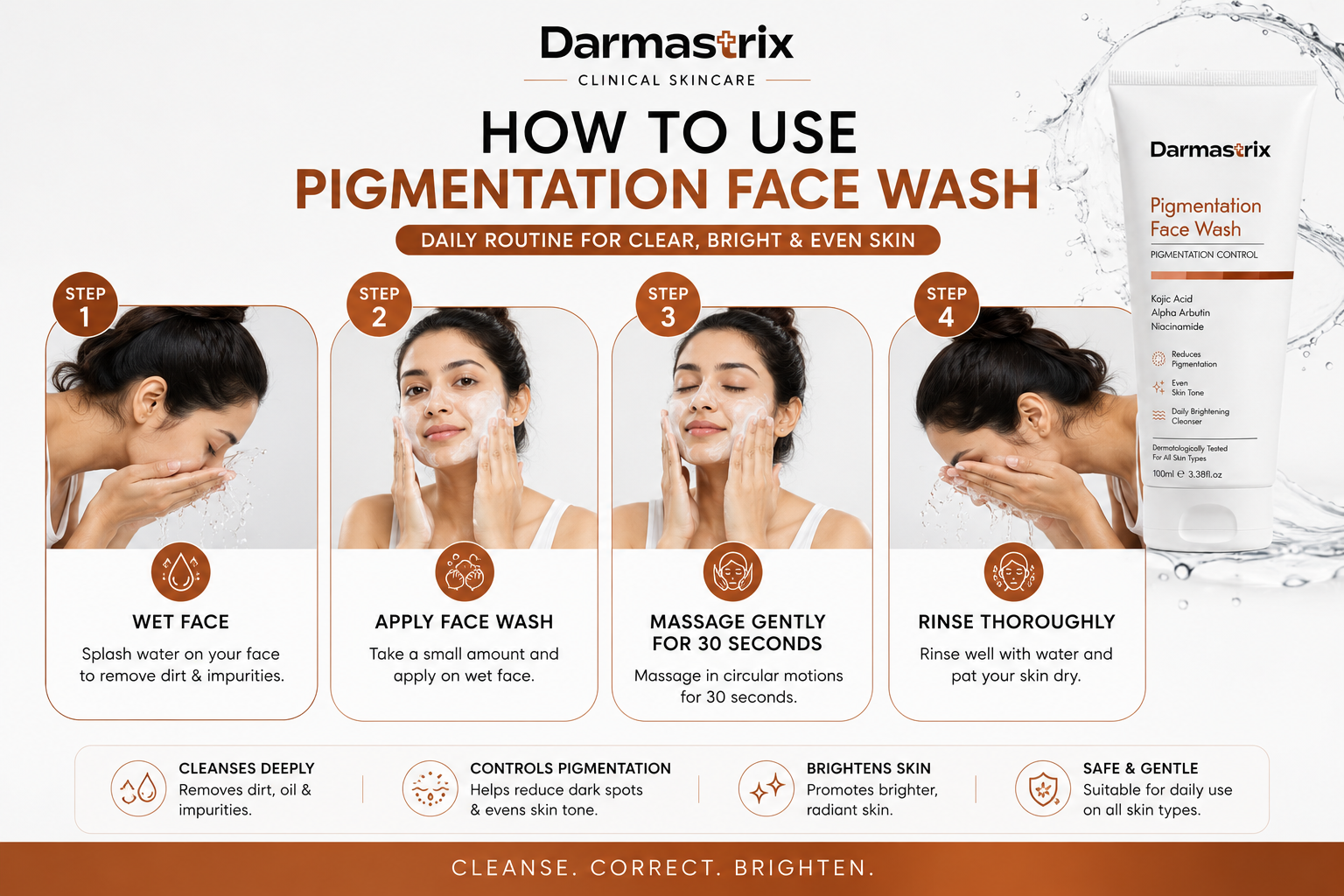 Darmastrix Pigmentation Control Face Wash | Kojic Acid, Alpha Arbutin & Niacinamide Brightening Cleanser | Reduces Dark Spots & Evens Skin Tone (100ml)