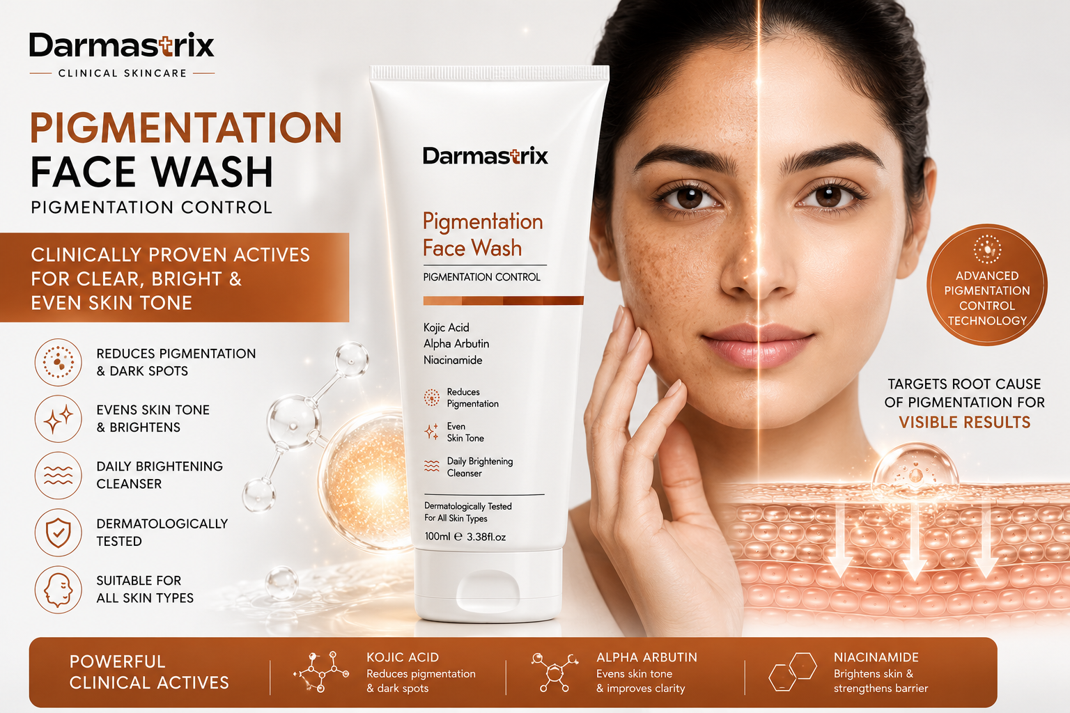 Darmastrix Pigmentation Control Face Wash | Kojic Acid, Alpha Arbutin & Niacinamide Brightening Cleanser | Reduces Dark Spots & Evens Skin Tone (100ml)