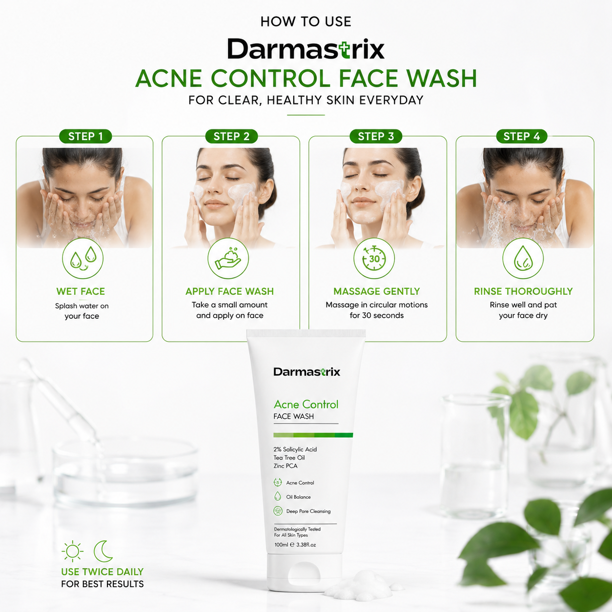 Darmastrix Acne Control Face Wash | 2% Salicylic Acid Face Cleanser with Tea Tree Oil & Zinc PCA | Deep Pore Cleansing & Oil Control Face Wash for Acne-Prone Skin (100ml)