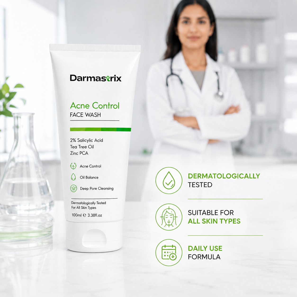 Darmastrix Acne Control Face Wash | 2% Salicylic Acid Face Cleanser with Tea Tree Oil & Zinc PCA | Deep Pore Cleansing & Oil Control Face Wash for Acne-Prone Skin (100ml)