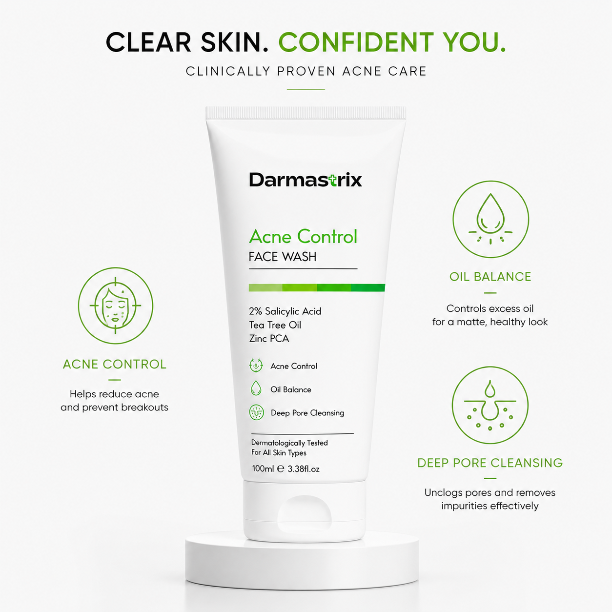 Darmastrix Acne Control Face Wash | 2% Salicylic Acid Face Cleanser with Tea Tree Oil & Zinc PCA | Deep Pore Cleansing & Oil Control Face Wash for Acne-Prone Skin (100ml)