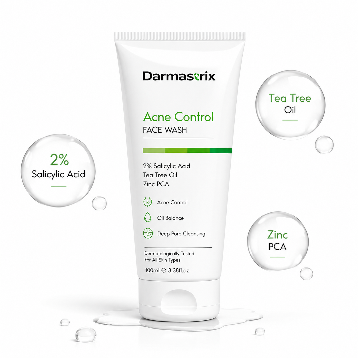 Darmastrix Acne Control Face Wash | 2% Salicylic Acid Face Cleanser with Tea Tree Oil & Zinc PCA | Deep Pore Cleansing & Oil Control Face Wash for Acne-Prone Skin (100ml)
