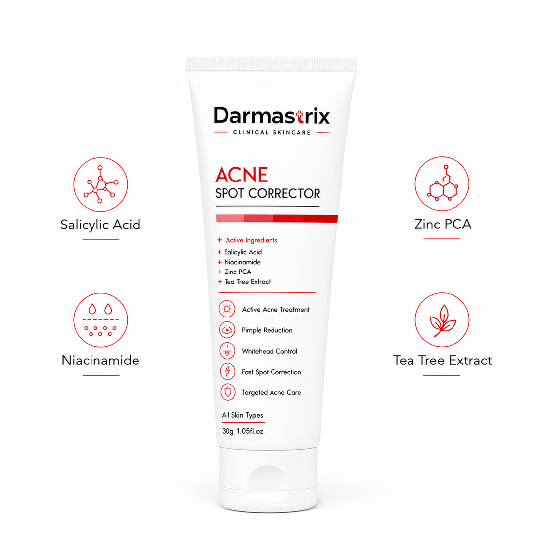 Darmastrix Acne Spot Corrector Gel | Fast-Acting Acne Treatment with Salicylic Acid, Niacinamide, Zinc PCA & Tea Tree Extract | Pimple & Whitehead Control (30g)