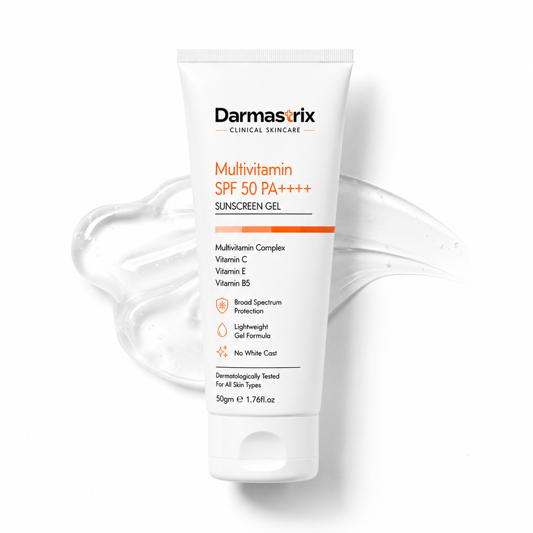 Darmastrix Multivitamin SPF 50 PA++++ Sunscreen Gel | Broad Spectrum UV Protection with Vitamin C, Vitamin E & Vitamin B5 | Lightweight No White Cast Formula (50g)