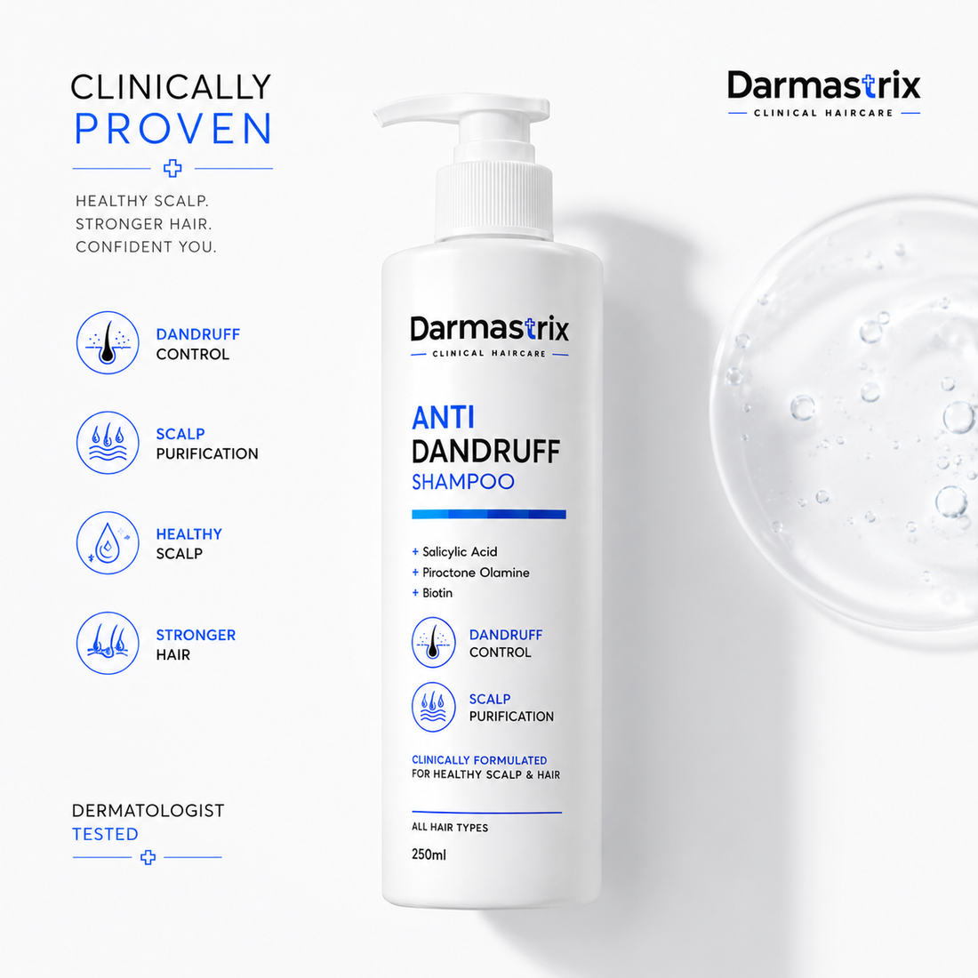 Darmastrix Anti-Dandruff Shampoo with Salicylic Acid, Piroctone Olamine & Biotin | Dandruff Control & Scalp Purifying Shampoo | 250ml