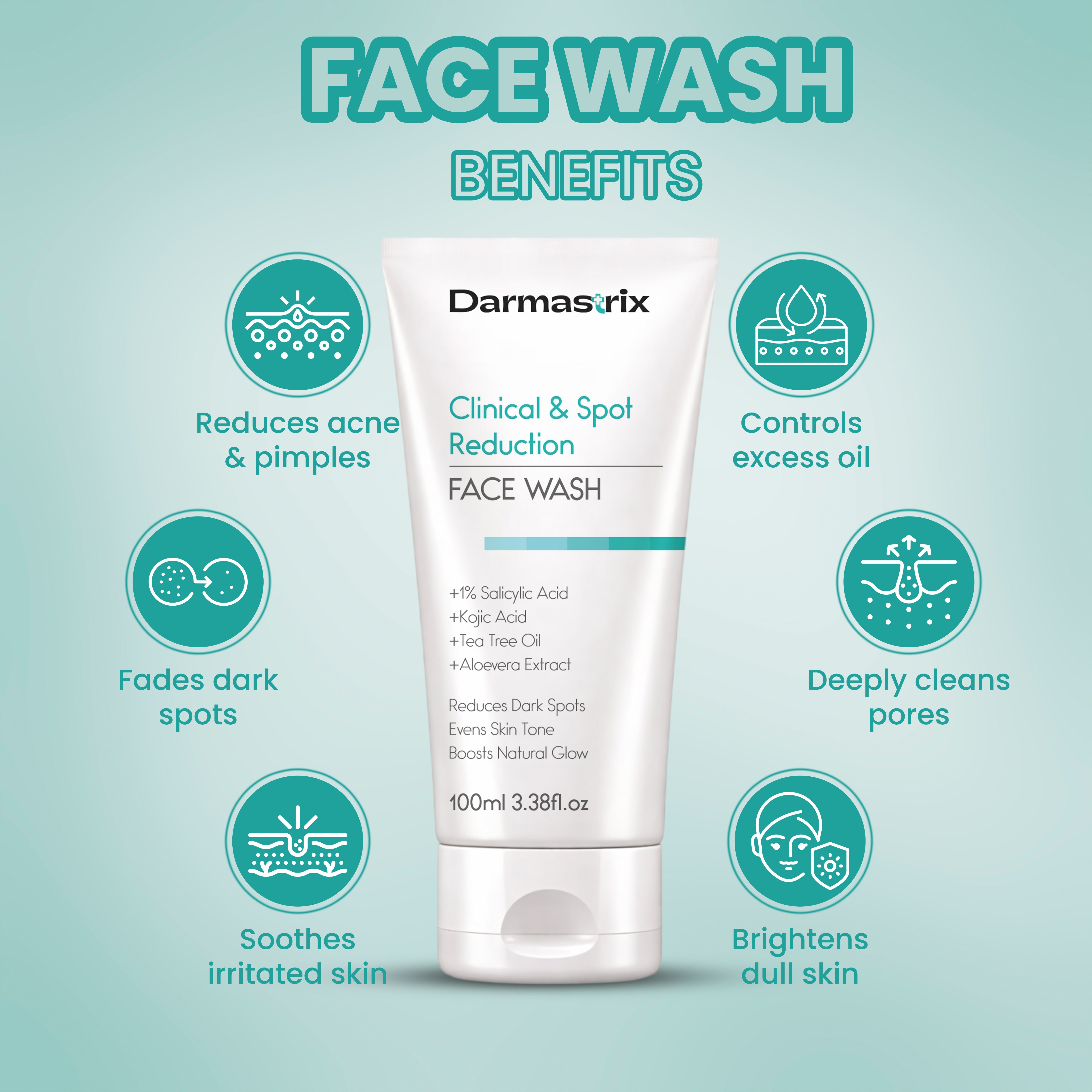 Darmastrix Clinical & Spot Reduction Face Wash with 1% Salicylic Acid, Kojic Acid & Tea Tree Oil | Reduces Dark Spots & Brightens Skin | 100ml