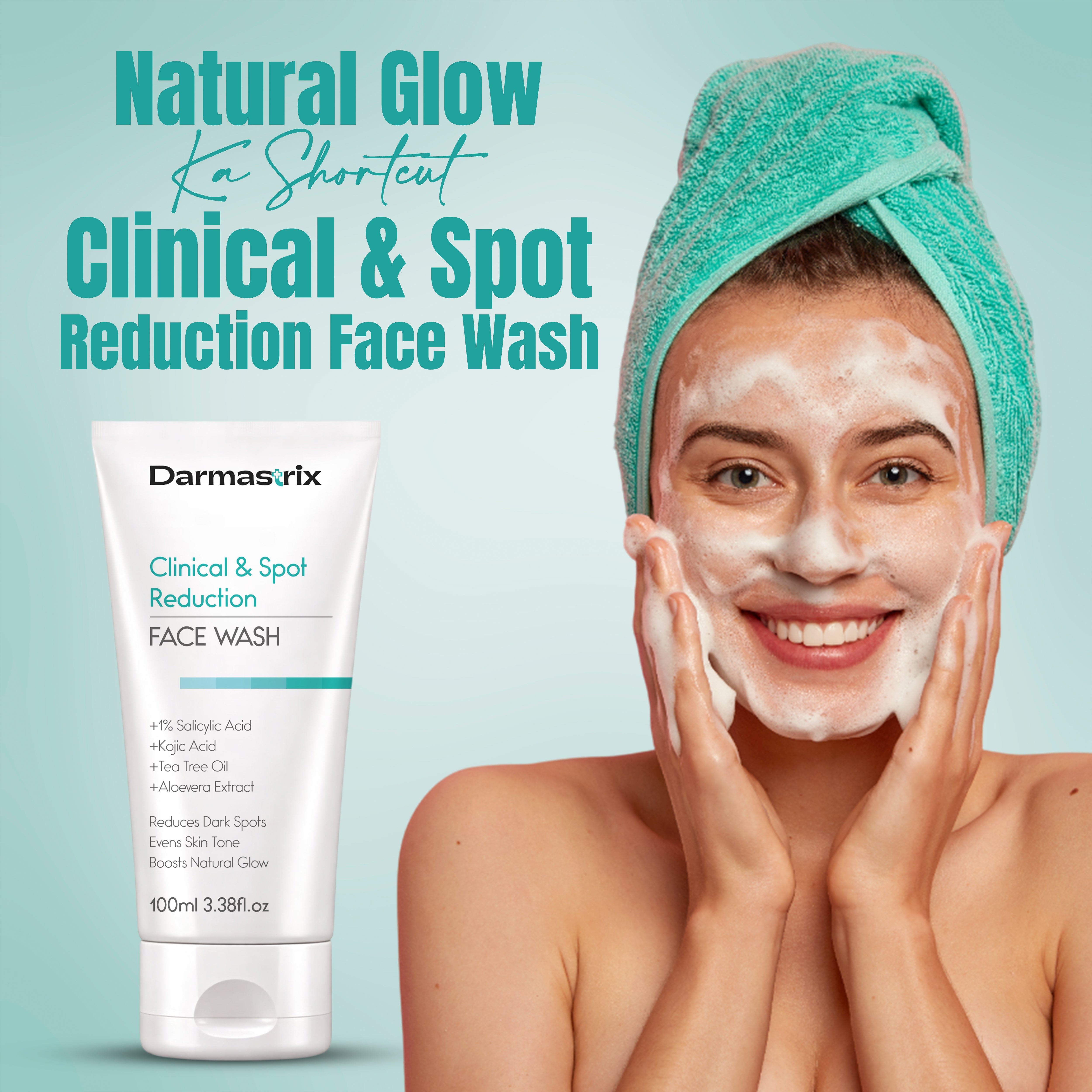 Darmastrix Clinical & Spot Reduction Face Wash with 1% Salicylic Acid, Kojic Acid & Tea Tree Oil | Reduces Dark Spots & Brightens Skin | 100ml